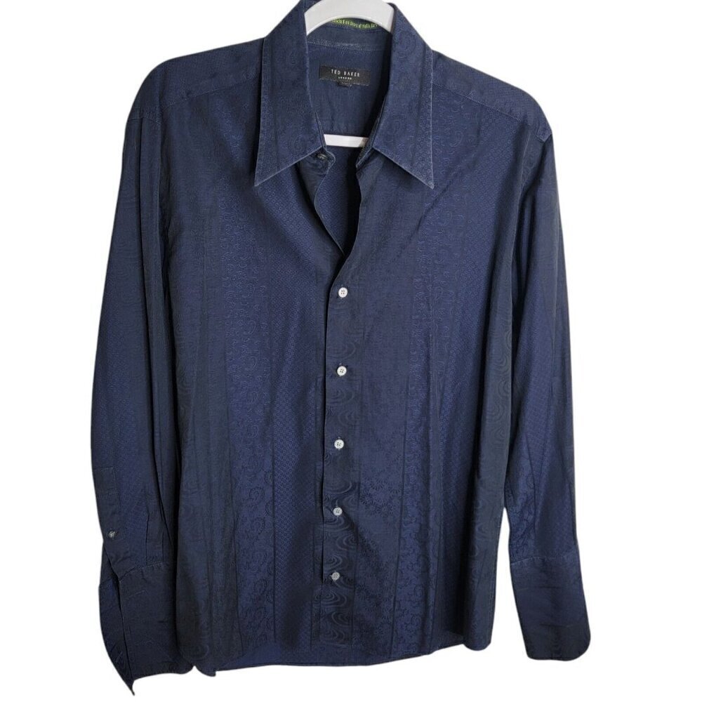 Ted Baker Dress Shirt M Blue Long Sleeve Button Down Embossed Print 100% Cotton